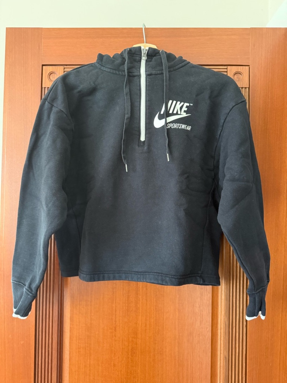 Nike Black Half-Zip Baggy Hoodie with White Logo and trim